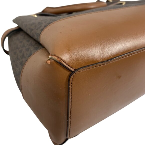 Michael Kors Reed Large Belted Satchel Bag Purse Brown MK Signature Logo FLAW - Picture 9 of 16